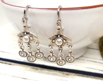 Antique Silver Boho Chandelier Earrings: Lightweight tribal dangles, bohemian hippie jewelry gift for her