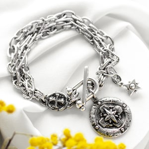 Antique Silver Coin Bracelet: Rose Cross Charm, Multi-Chain Jewelry