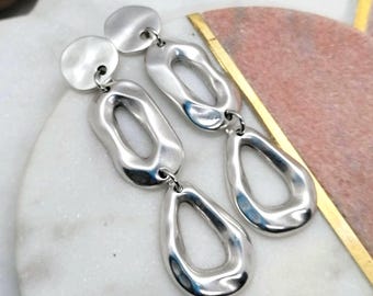 Long Antique Silver Geometric Earrings, Hammered Statement Dangles, Boho Gift