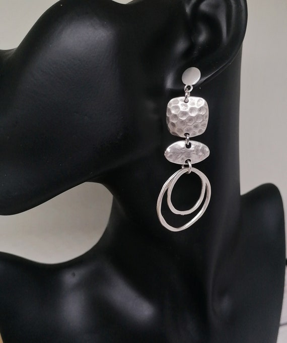Long Silver Hammered Earrings: Abstract Double Circle Dangles, Bohemian Jewelry Gift