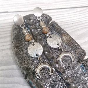 Handmade boho beaded moon earrings,Gold and Ivory Bohemian czech glass beaded earrings,long celestial earrings bohemian jewelry gift