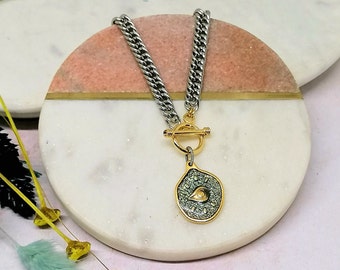 Silver and Gold Evil Eye Necklace, Mixed Metal T Bar Turkish Eye Pendant Necklace, Statement Toggle Layering Necklace gift for her