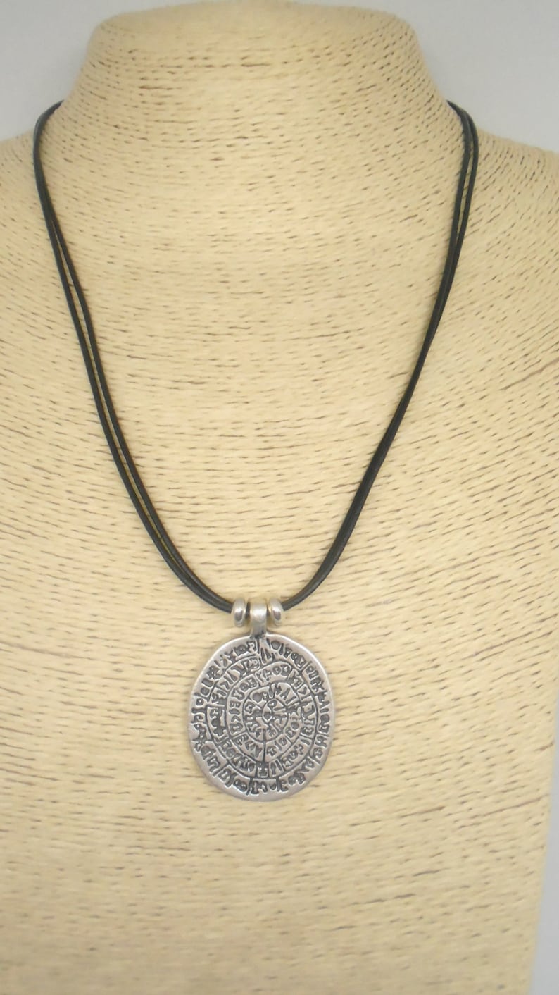 Silver Phaistos disc pendant necklace ancient greek coin leather necklace bohemian jewelry silver ethnic unisex necklace