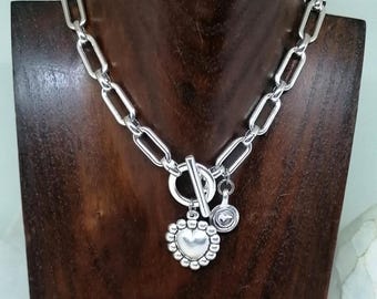 Chunky Silver Heart Necklace, Statement Chain with Toggle Clasp, Jewelry Gift For Her