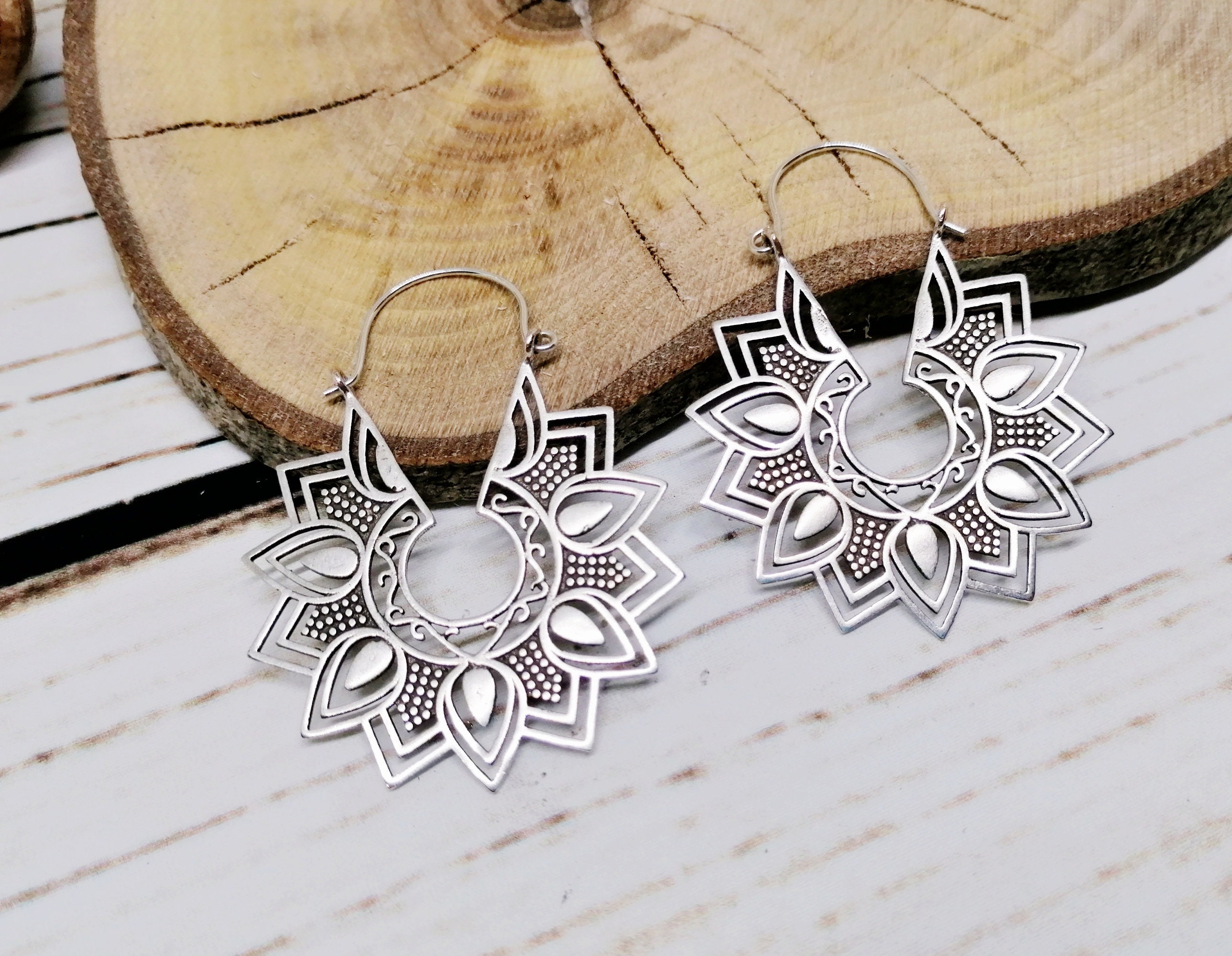 Big silver flower hoop earrings Silver statement tribal | Etsy