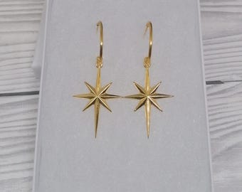 Gold North Star Earrings, Starburst Hoops, Celestial Minimalist Jewelry