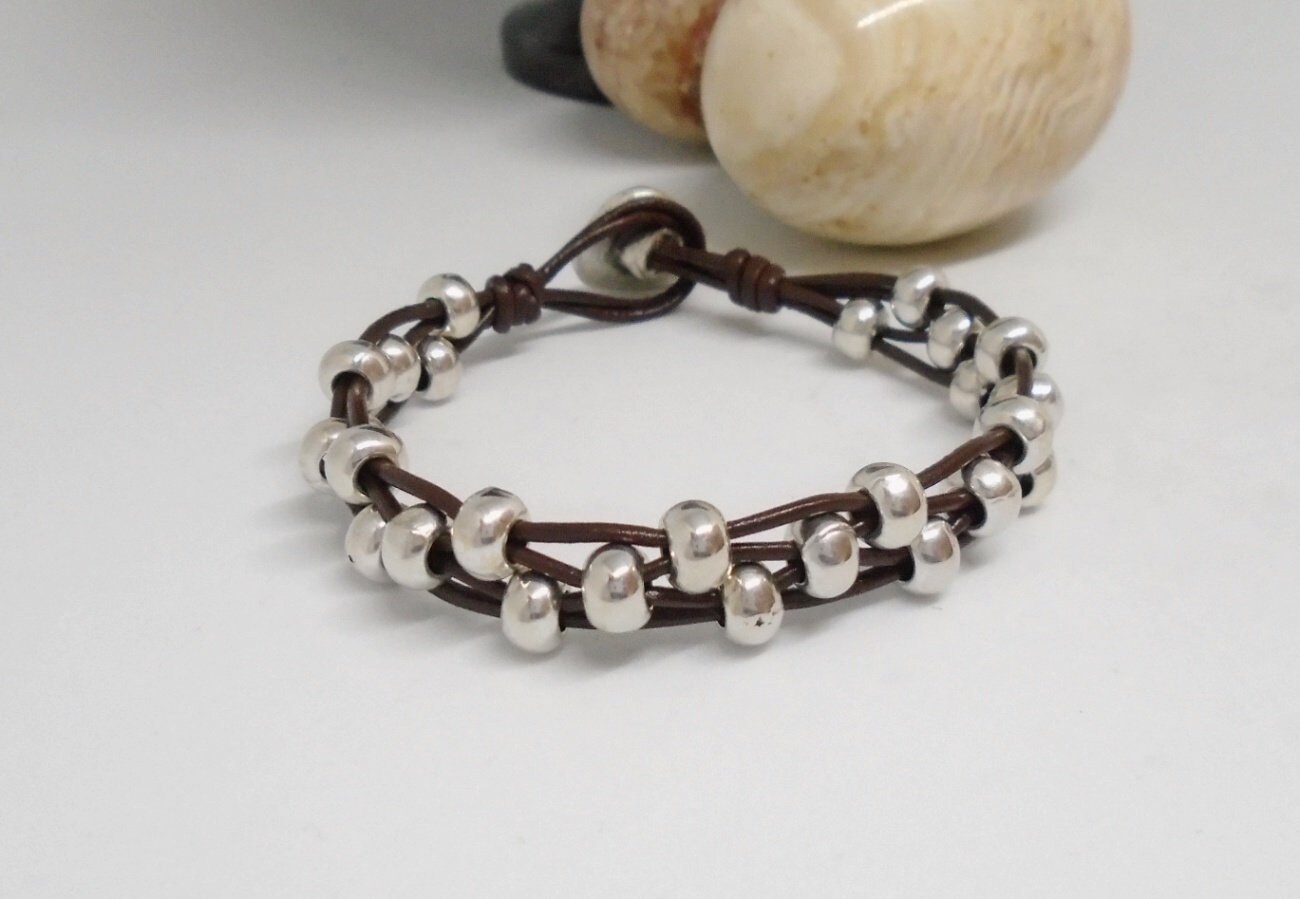 Handmade Brown Leather and Silver Beaded Bracelet Leather - Etsy UK