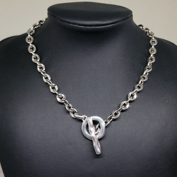 Collier chaîne épaisse avec barre à bascule en argent antique, collier avec barre en T tendance, collier ras de cou en acier inoxydable, cadeau minimaliste pour elle,