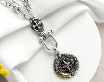 Statement Silver Coin Necklace, Antique Silver Compass Rose Cross Pendant, Unique Multi chain boho crucifix necklace bohemian jewelry gift