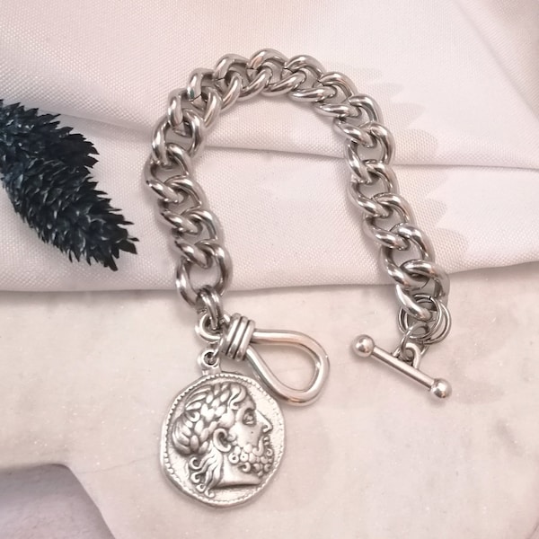 Antique Silver chunky coin bracelet, Oversized toggle clasp bracelet,statement greek coin bracelet,Thick chain bracelet jewelry gifts