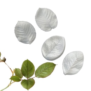 May include: Four white rose leaf shapes, made of a soft material, are scattered on a white background. A green rose stem with leaves is in the lower left corner of the image.