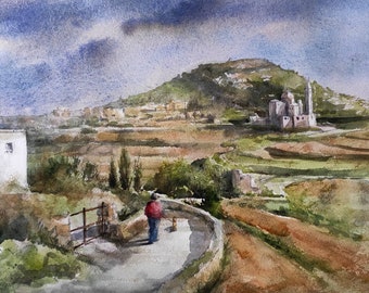 Ta&#39; Pinu Gozo original watercolor landscape scene of winding road and beautiful surrounding fields with Ta Pinu Basilica in the distance.