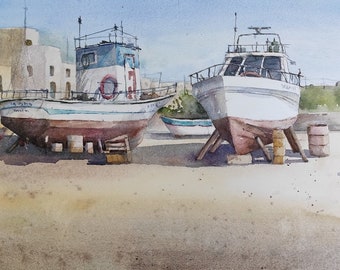 Harbour Rest Original watercolour fishing boat scene in Marsaxlokk harbour Malta painted on  100% cotton acid free paper.