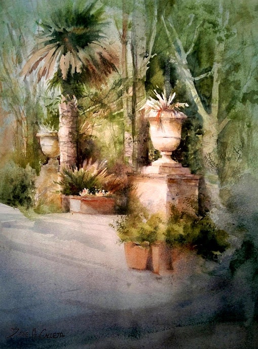 San Anton Garden scene Original watercolor landscape painting. Historical serene Garden with large old trees, flowers and peacocks