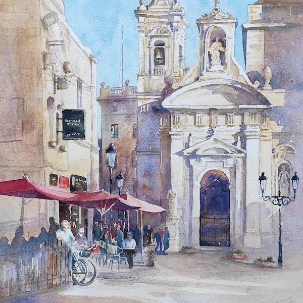 Aquarelle originale de la place St Paul à Rabat, à Malte, avec l'église et les cafés environnants.