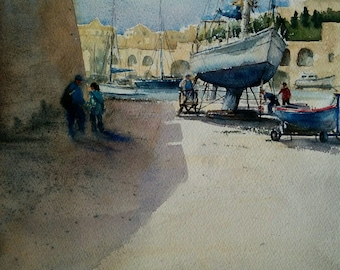Sailing boat scene Original watercolor landscape marine painting on 100% cotton acid free paper. Wall art  for home or office.