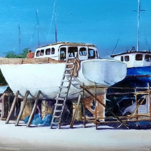 Boat maintenance - Original Oil painting with fishing boats on canvas board. Seascape with boats from Malta.