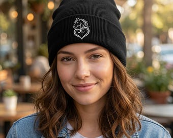 Embroidered Horse Heart Beanie, Equestrian Knit Hat, Horse Lover Gift, Cowgirl Beanie