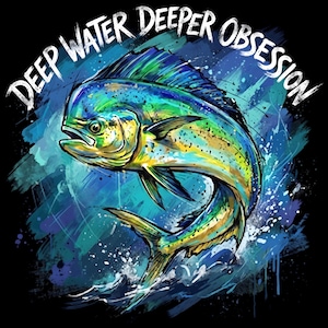 May include: A vibrant illustration of a mahi-mahi fish leaping from blue water, featuring shades of green, yellow, and blue. The text DEEP WATER DEEPER OBSESSION is arched in white above the fish against a solid black background.