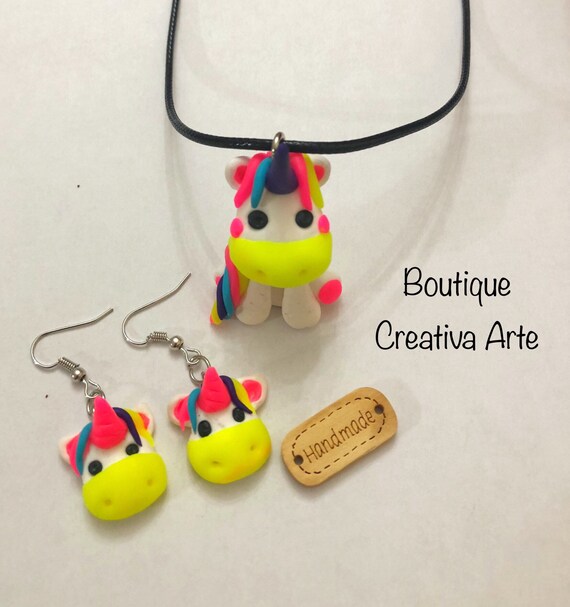 Unicorn necklace and earrings in fimo and cernit