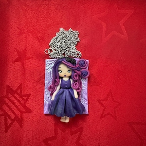 Fimo doll with teddy bear - fimo necklace for girls - fimo jewelry - little doll