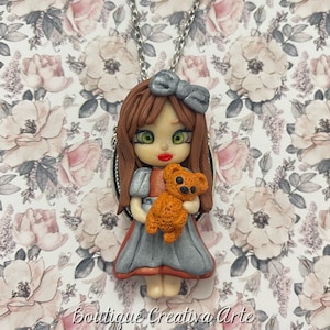 Fimo doll with teddy bear - fimo necklace for girls - fimo jewelry - little doll