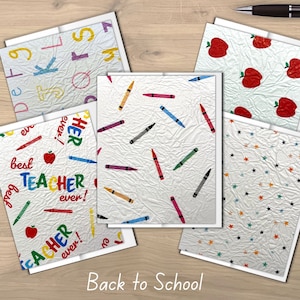 Coleção de papelaria de volta às aulas / 5 temas escolares / Cartões e envelopes em branco / Melhor professor / Presente do professor