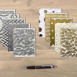 Elegante briefpapiercollectie / 5 metallic zilver- of goudkleurige themakaarten / blanco kaarten en enveloppen / 25e of 50e verjaardag