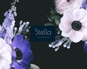 Stella - Real Floral Clipart - Blue Floral Clipart - PNG Flowers - Silver Floral Clipart - High-Resolution Clipart - Free Commercial Use