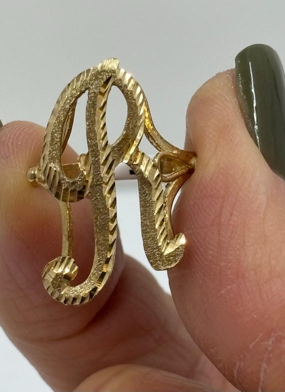 14k yellow gold initial R ring, retro style diamond c… - Gem