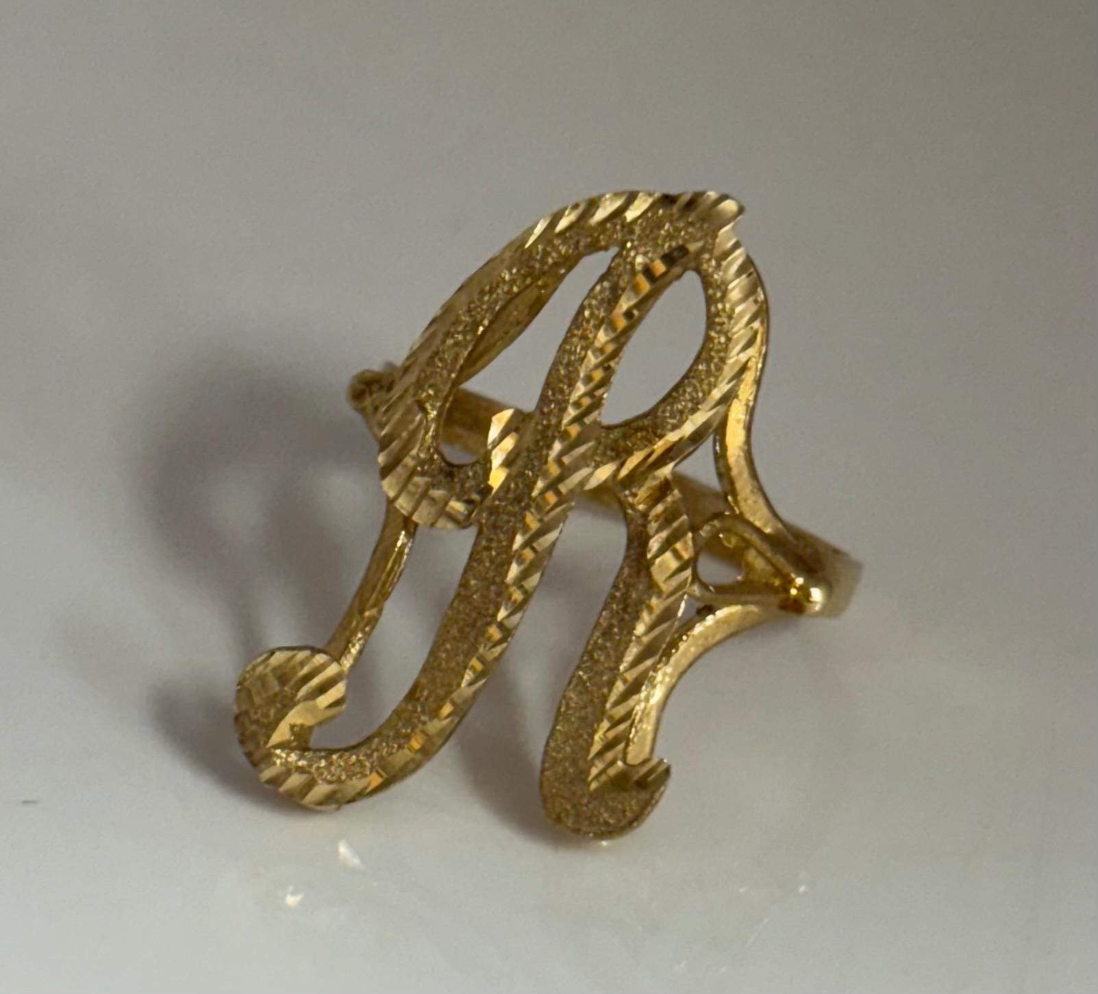 14k Yellow Gold Initial R Ring, Retro Style Diamond Cut and Brushed ...