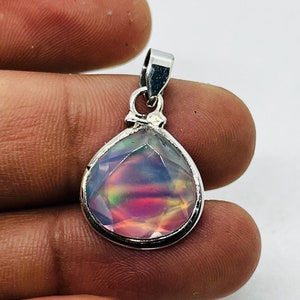 Aurora Opal 925 Silver Pendant, Both Side Cut Crystal Necklace, Silver Jewelry, Opal Pendant, Wedding Jewelry, Gift for Her