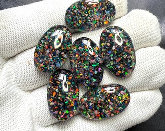 6 pezzi di cabochon di opale nero, pietra preziosa di opale di fuoco, doppietto di cristallo di opale aurora ovale, creazione di opale da laboratorio per gioielli, 26 x 16 mm