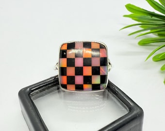 Anillo de plata de ley 925 con ónix negro, joyería con ópalo Aurora creado en laboratorio, joyería minimalista, regalo personalizado, anillo de tablero de ajedrez de ópalo y ónix.