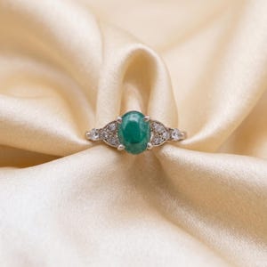 Natural Green Emerald & Zircon Ring, 925 Sterling Silver Handmade Minimalist Jewelry For Propose.