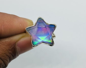 Star Ring~ 925 Sterling Silver Ring~ Crystal Aurora Opal Crescent Star Ring~ Boho Hippie Jewelry~ Gift For Wife Her~ Anniversary Gift