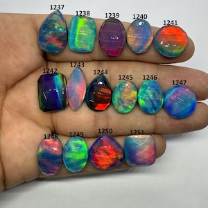 Puede incluir: Una colección de 14 piedras preciosas de ópalo iridiscente, cada una con patrones de color y formas únicas. Las piedras preciosas están dispuestas en tres filas en una mano, con los números 1237 a 1251 etiquetados encima de cada piedra.