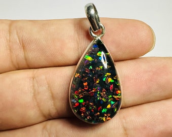 Aurora Black Dot Opal Pendant - Opal Doublet Pendant - Opal Gemstone Necklace - Opal Jewelry - Gift For Her