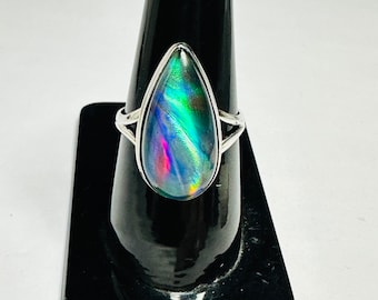 925 Sterling Silver Jewelry- Amazing Rainbow Fire Tear Drop Aurora Opal Rings- Handmade Jewelry- Birthday Gift Engagement Rings Gift For Her