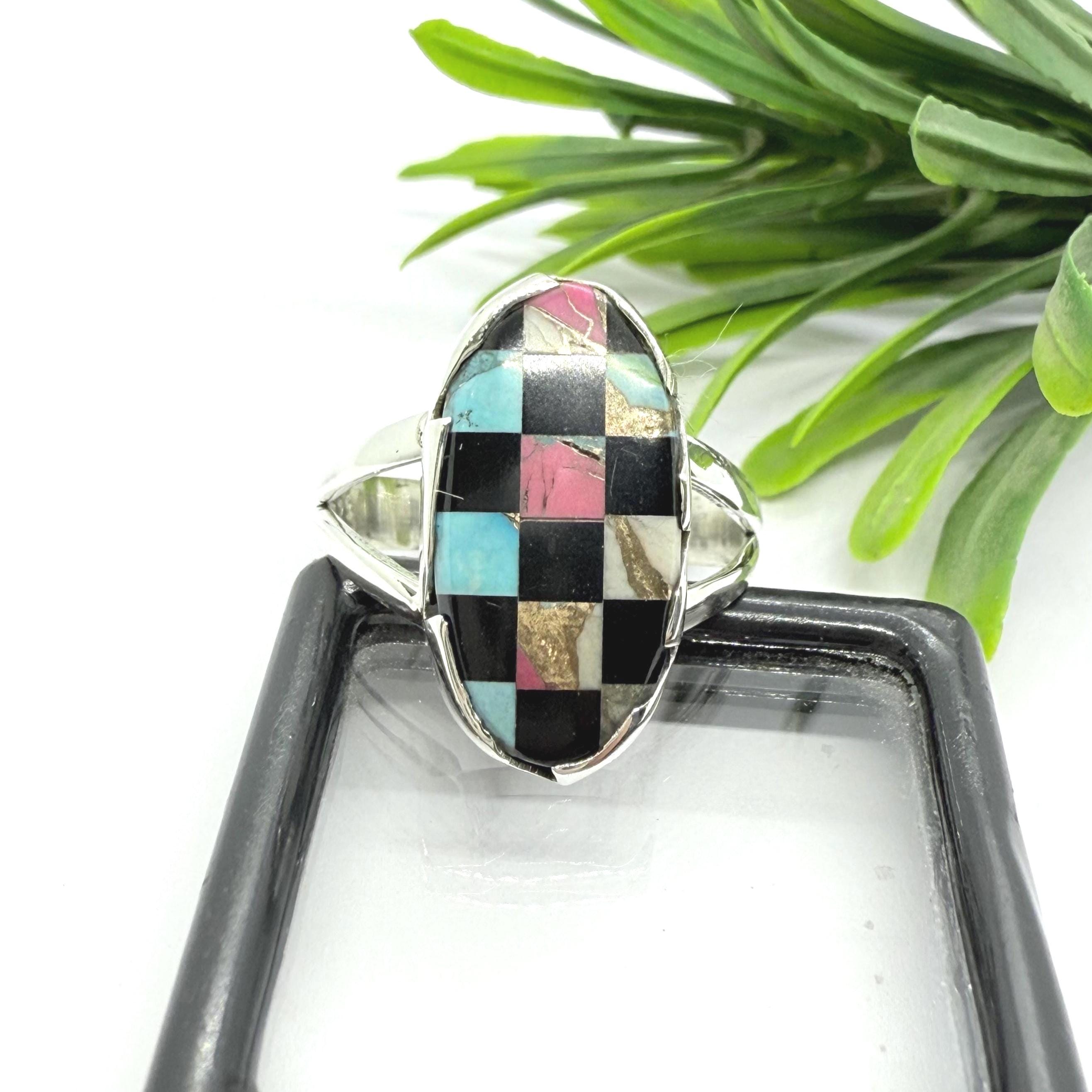 925 Sterling Silver Ring, Aurora Opal Checkered Ring, Vintage Handmade Jewelry, Checkerboard Ring, Promise Ring, Wedding Gift
