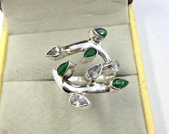 925 Sterling Silver Ring, White Zircon Solitaire Emerald Ring, Rose Cut Emerald & Zircon Silver Jewelry, Engagement Ring, Gift For Her