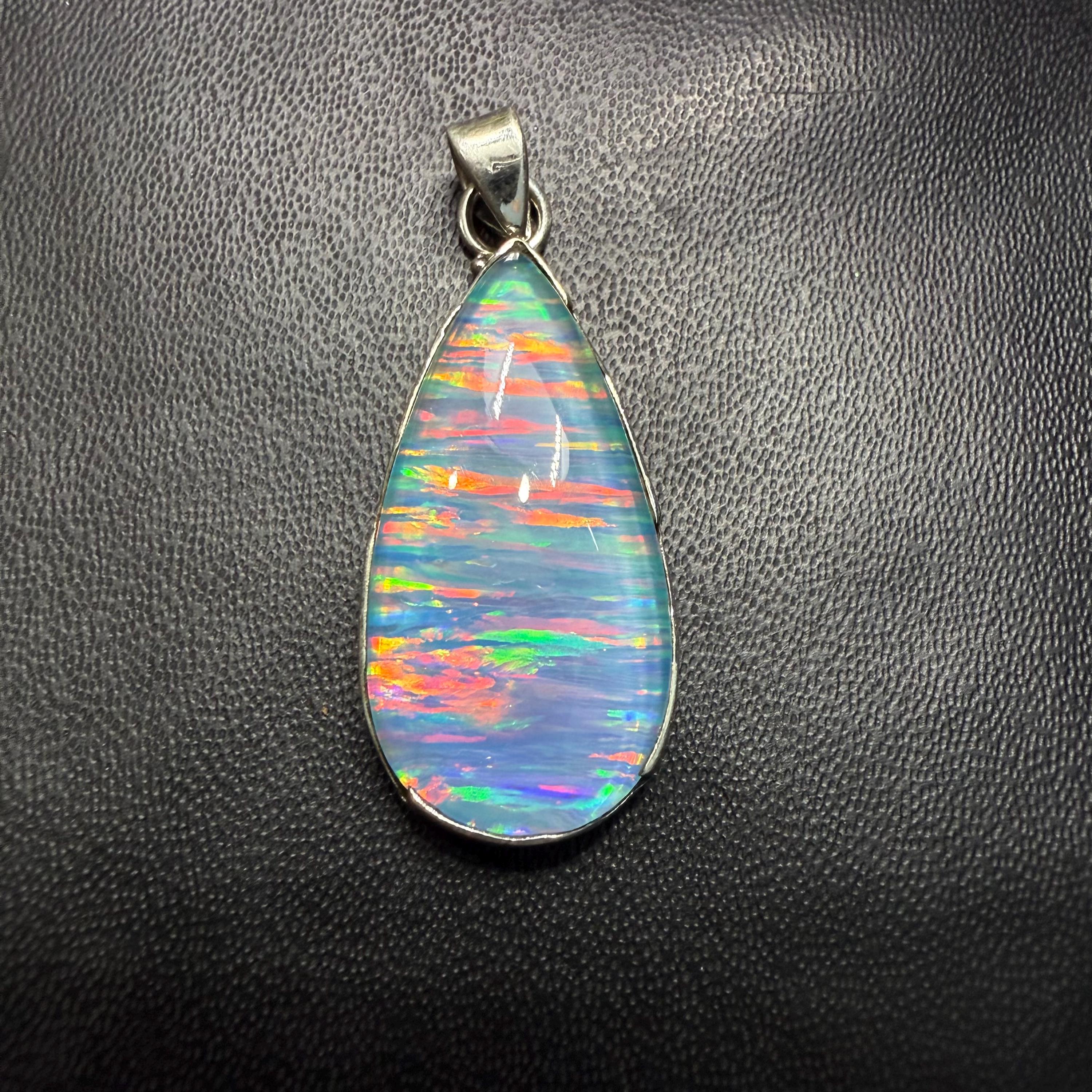 Tear Drop Gilson Aurora Opal Pendant Necklace - 925 Sterling