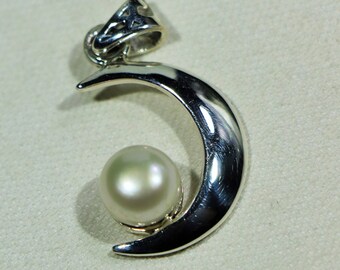 White Pearl Jewelry| 925 Sterling Silver Party Pendant| Crescent Moon Jewelry Unique Handmade Jewelry| Crescent Moon|