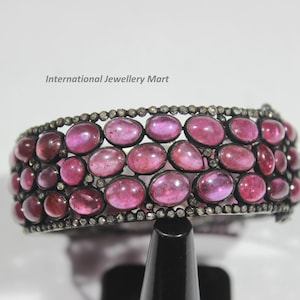 Natural Ruby Diamond Bangle, Oxidized 925 Sterling Silver, Art Deco Victorian Style Jewelry