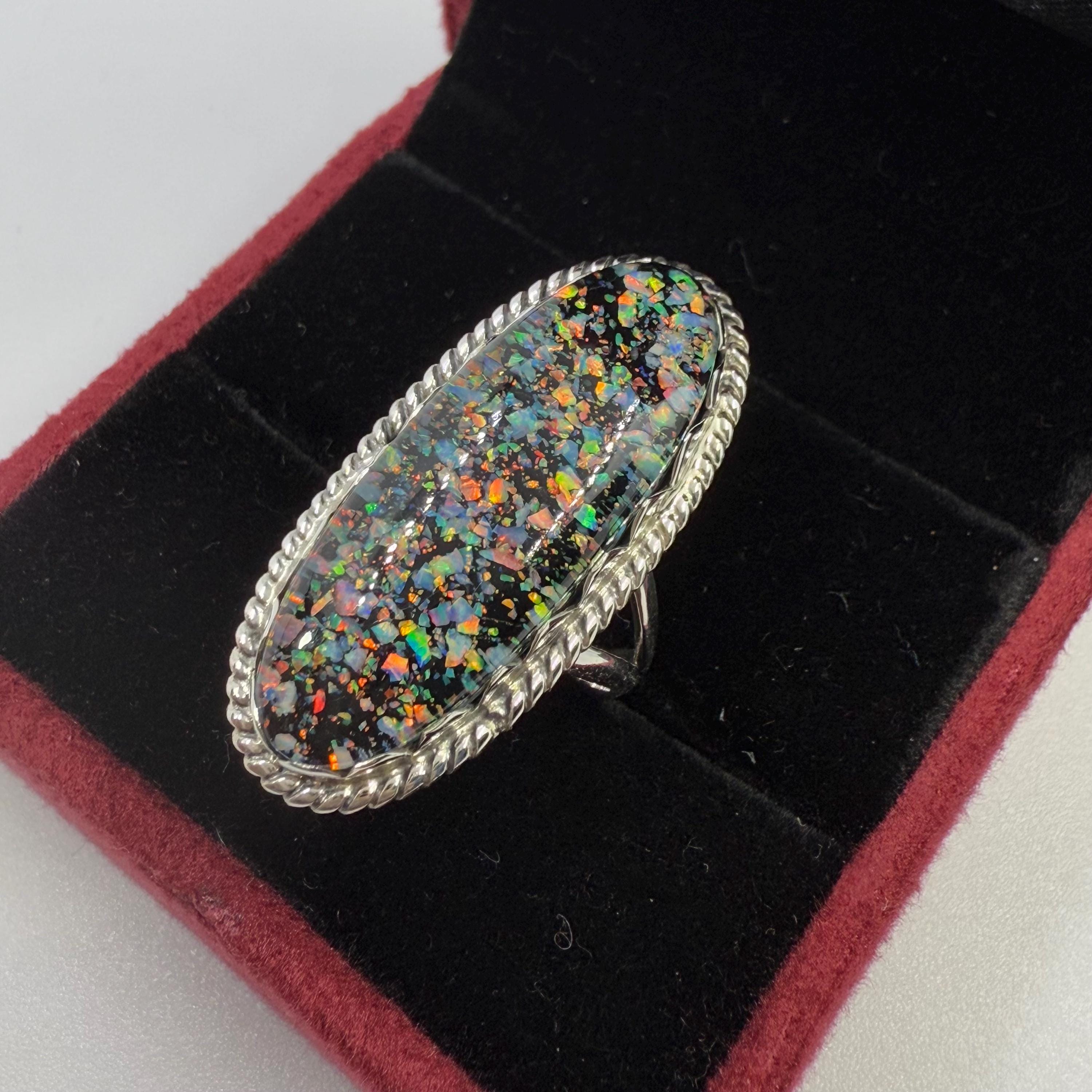 マトリックスオパールリング、925スターリングシルバーリング、ラボで