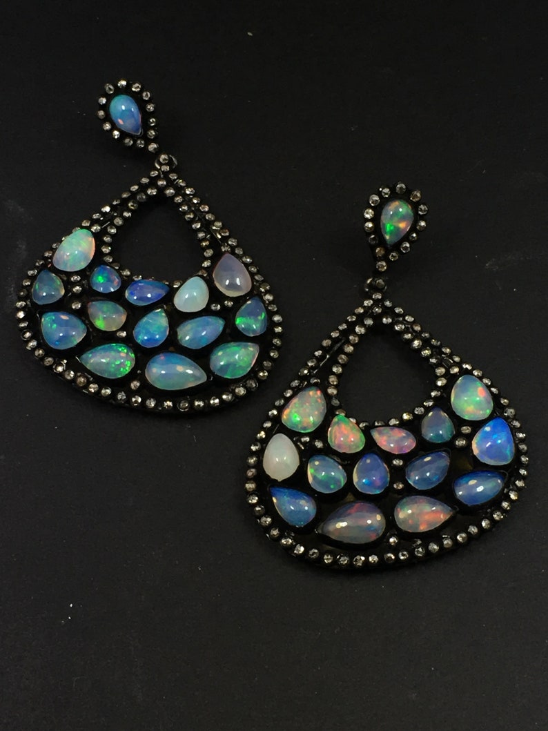 Ethiopian Opal AAA Welo Fire Earrings Handmade Diamonds Jewelry 925 Solid Sterling Silver With Black Rhodium Wedding Jewelry.