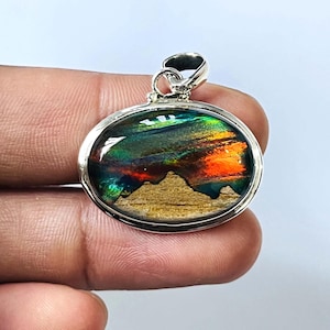 Aurora Opal 925 Silver Pendant- Carved Wood Mountain Necklace- Opal Doublet Jewelry- Lab Opal Pendant- Gift For Friend- Minimalist Jewelry