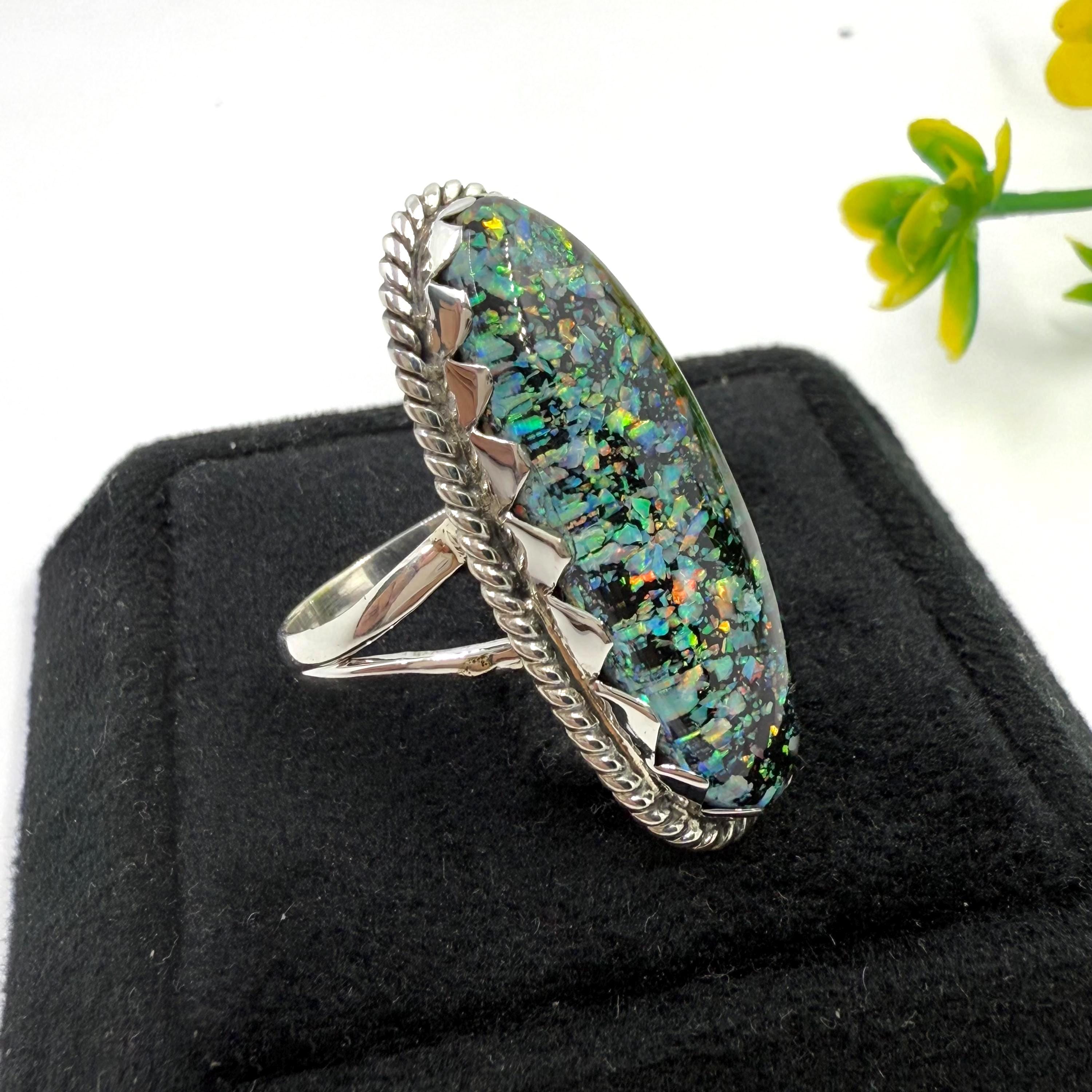 マトリックスオパールリング、925スターリングシルバーリング、ラボで