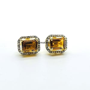 Natural Citrine Stud Earrings: Sterling Silver & Rose Cut Diamond