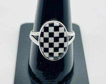 Checkered 925 Sterling Silver Ring, Handmade Rings Birthday Gift For Her, Black Onyx & Opal Checkered Silver Rings, Minimalist Jewelry